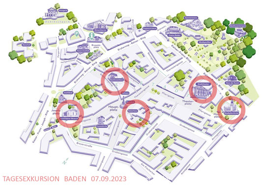 Karte von Baden Zentrum mit eingezeichneten Besichtigungsorten