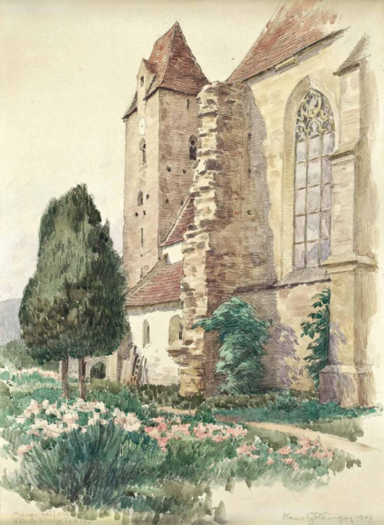 Aquarell einer alten Kirche mit Baum und sträuchern im Vordergrund