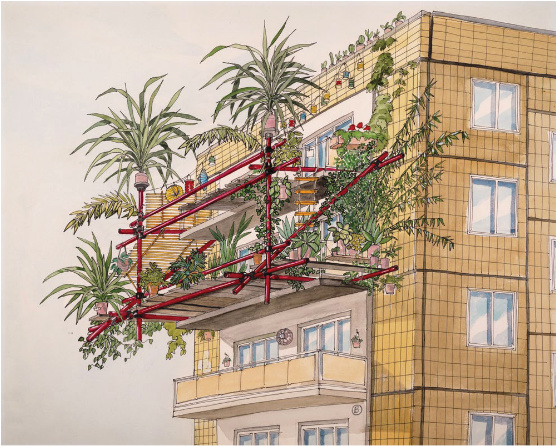 Architekturzeichnung mit einem Balkon aus Baugerüstteilen mit exotischen Pflanzen wie Palmen darauf