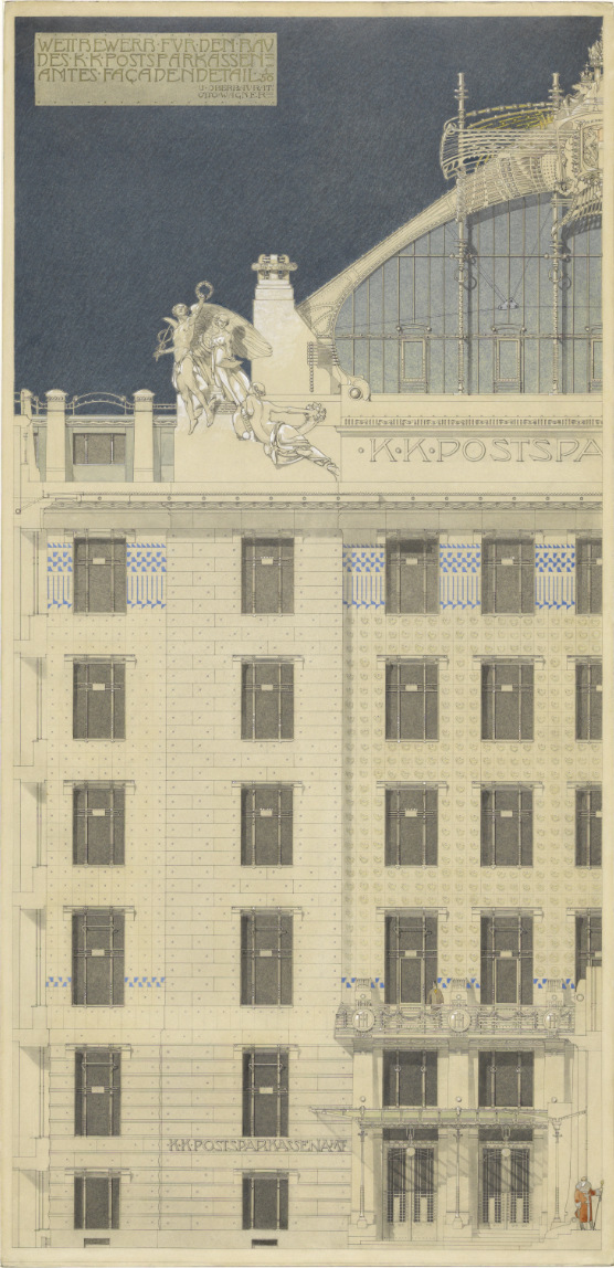 Otto Wagner, Postsparkasse, Wettbewerbsprojekt, Mittelrisalit, Teilaufriss, 1903